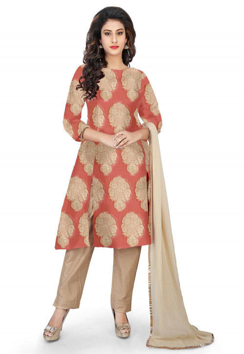 Woven Pure Banarasi Silk Pakistani Suit in Peach
