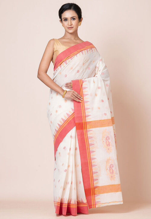 Woven Pure Cotton Dhakai Saree in Off White