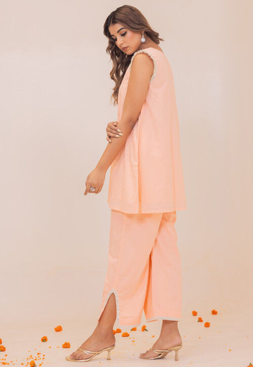 Woven Pure Cotton Jacquard A Line Kurta Set in Peach