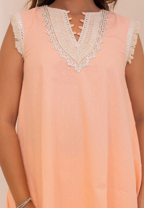 Woven Pure Cotton Jacquard A Line Kurta Set in Peach