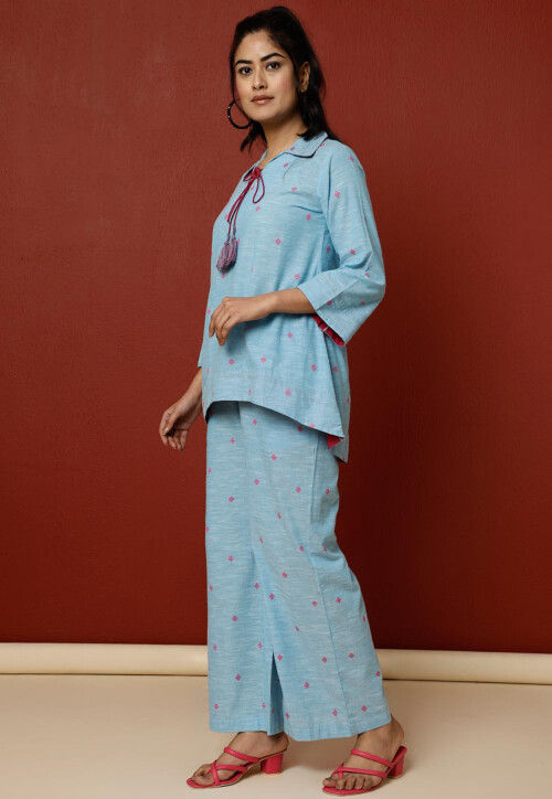 Buy Woven Pure Cotton Jacquard Co Ord Set in Sky Blue Online : TJA2653 ...