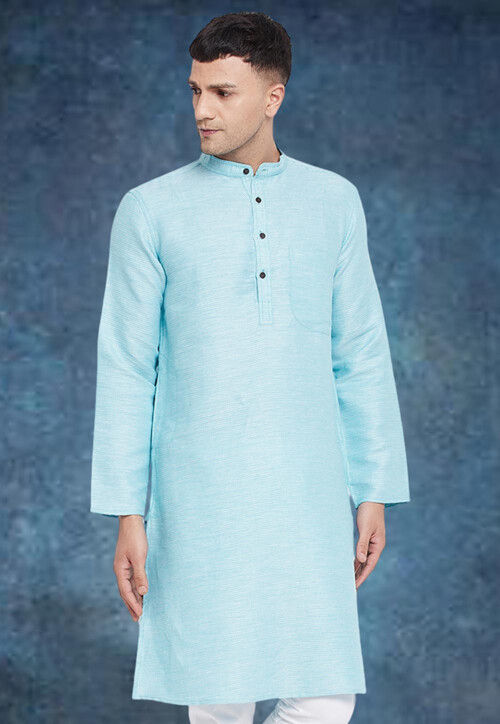 Woven Pure Cotton Kurta in Light Blue