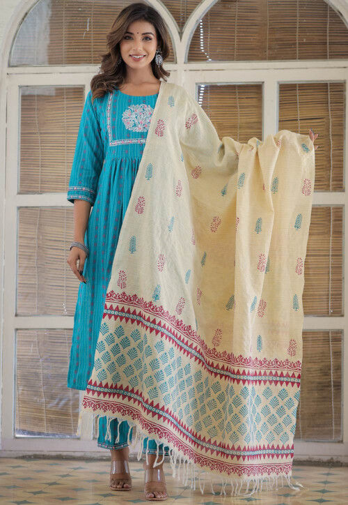 Woven Pure Cotton Pakistani Suit in Turquoise