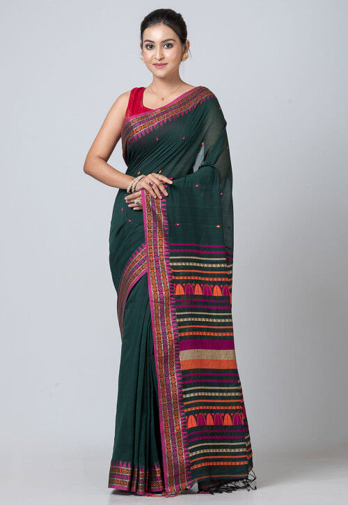 Woven Pure Cotton Saree in Dark Green