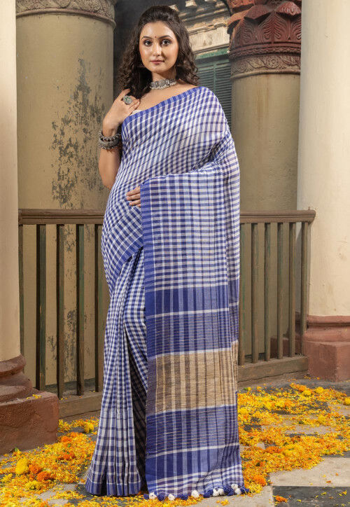 Handloom Mul Cotton Saree with Woven Zari Stripes & Tassles, Navy blue –  Scarlet Thread