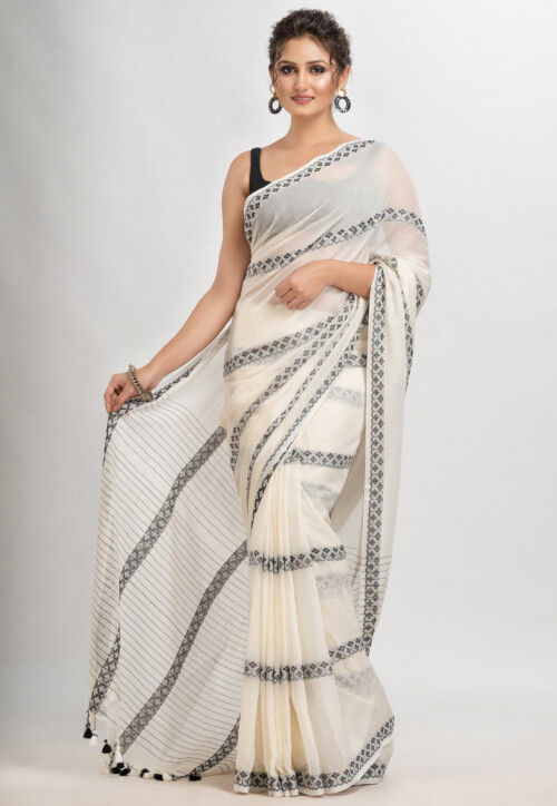 Woven Pure Cotton Saree in Off White