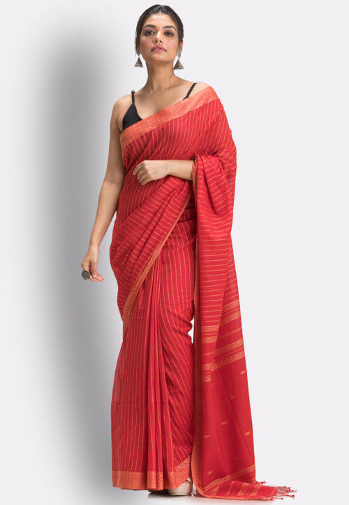 Shop Stunning Red Bengal Cotton Saree Online in USA from Pure Elegance