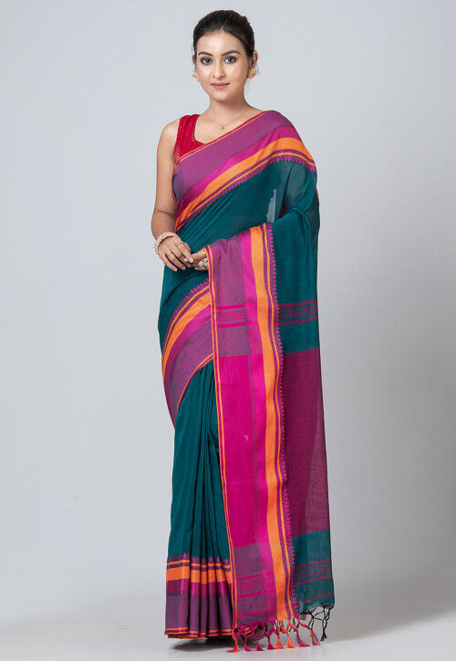 Woven Pure Cotton Saree in Teal Green
