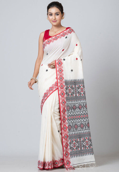 Woven Pure Cotton Saree in White