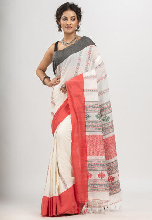 Woven Pure Cotton Saree in White
