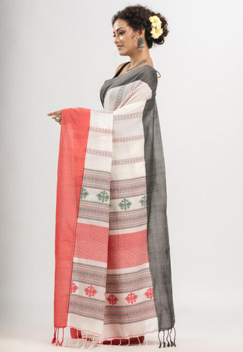 Woven Pure Cotton Saree in White