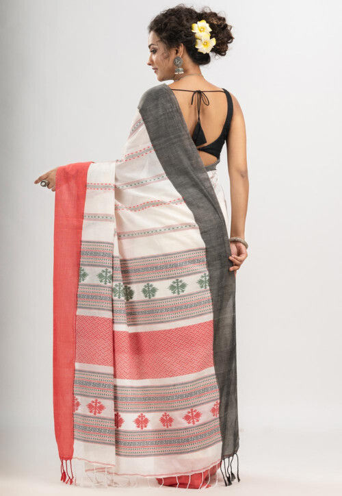 Woven Pure Cotton Saree in White