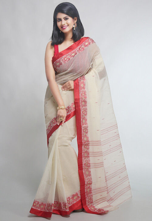 Woven Tant Handloom Cotton Blend Saree (Red,White) | Cotton Saree | Tant  Saree | Saree