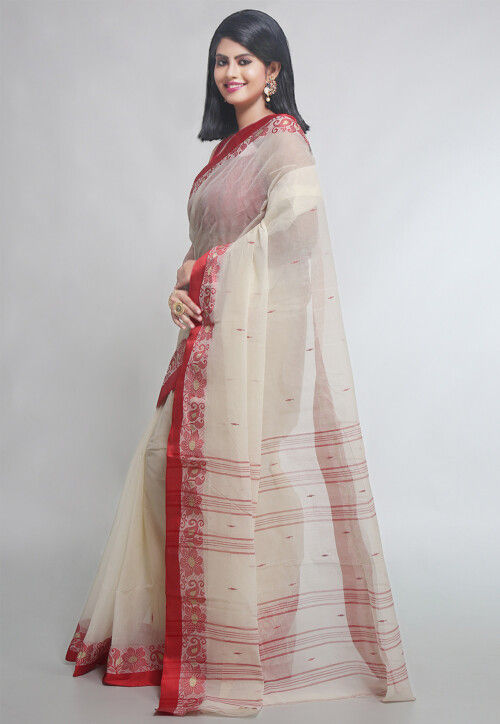 Woven Pure Cotton Tant Saree in Off White