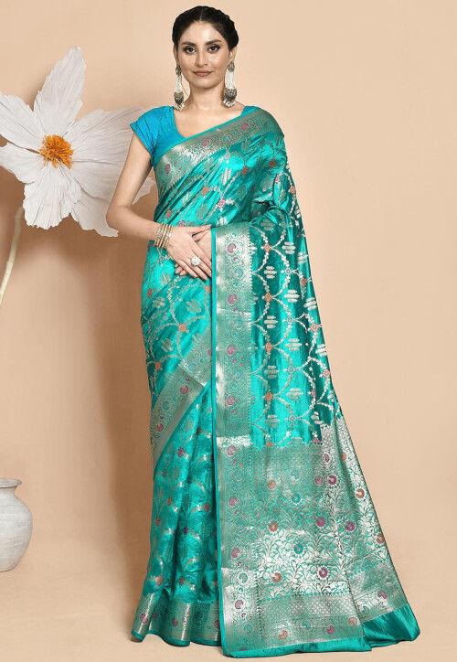 Woven Pure Dupion Silk Saree in Teal Green