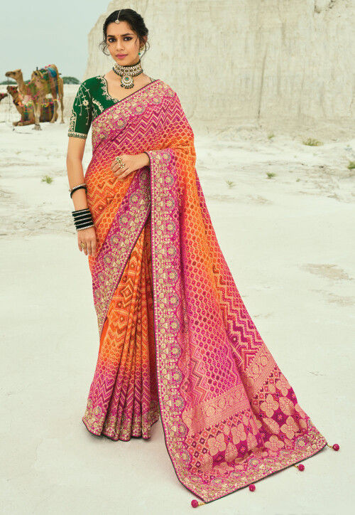 Woven Pure Georgette Jacquard Saree in Orange