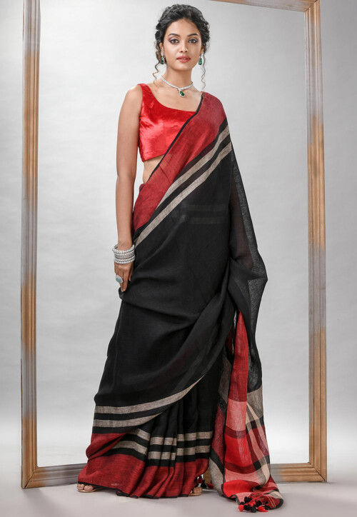 Woven Pure Linen Saree in Black