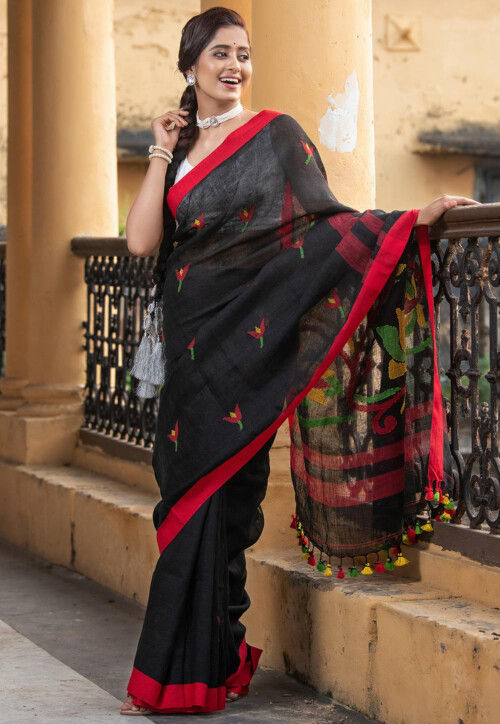 Woven Pure Linen Saree in Black