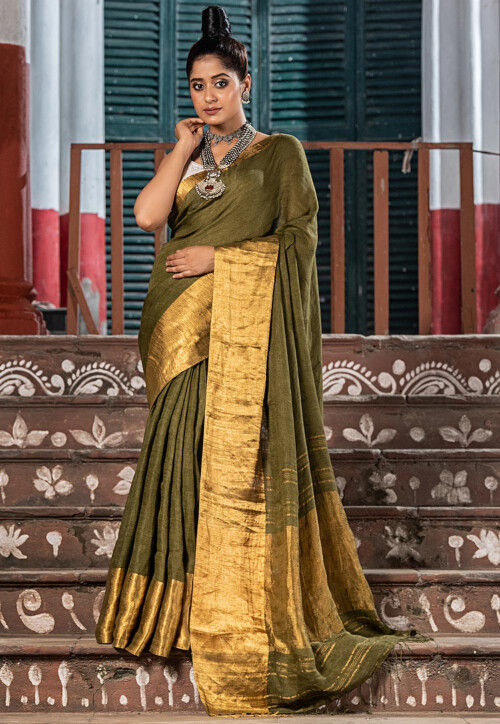 Woven Pure Linen Saree in Dark Olive Green
