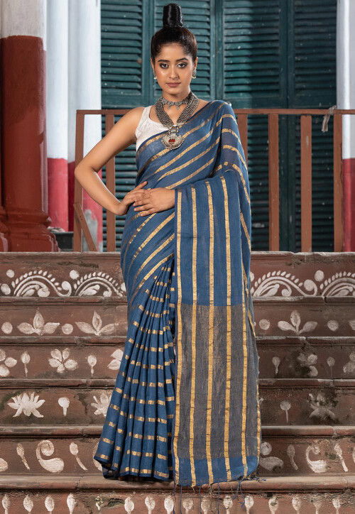 Woven Pure Linen Saree in Dusty Blue