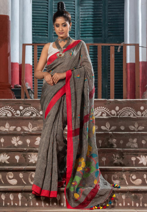 Woven Pure Linen Saree in Grey