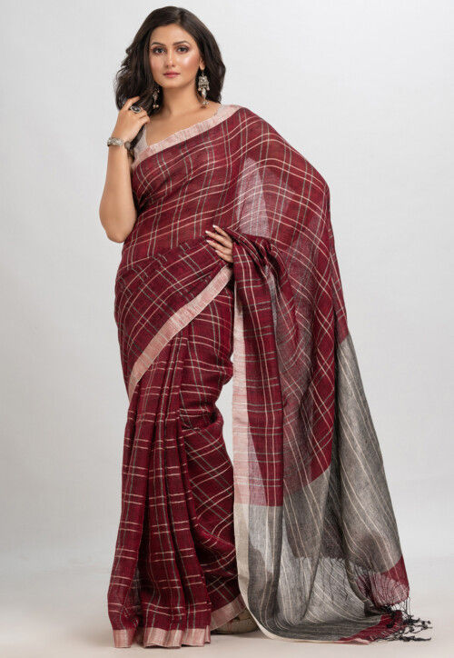 Admyrin Maroon Linen Printed Designer Party Wear Saree With Blouse Piece at  Rs 1599.00 | Linen Saree | ID: 26991277512