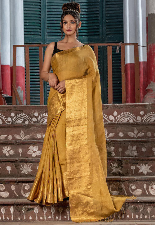 Woven Pure Linen Saree in Mustard