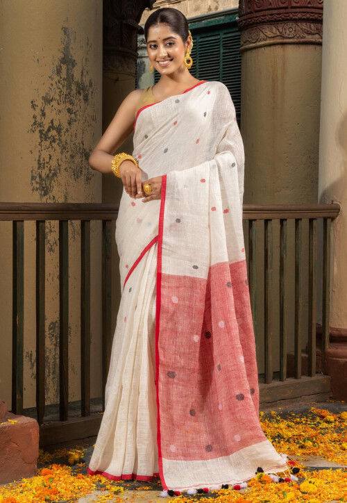 Woven Pure Linen Saree in Off White