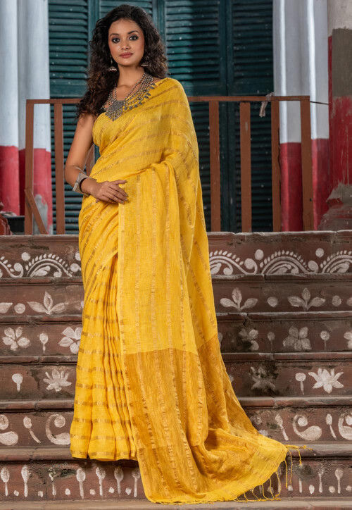 Woven Pure Linen Saree in Yellow