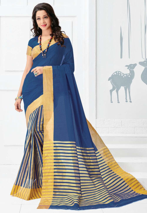 Woven Pure South Cotton Saree in Navy Blue