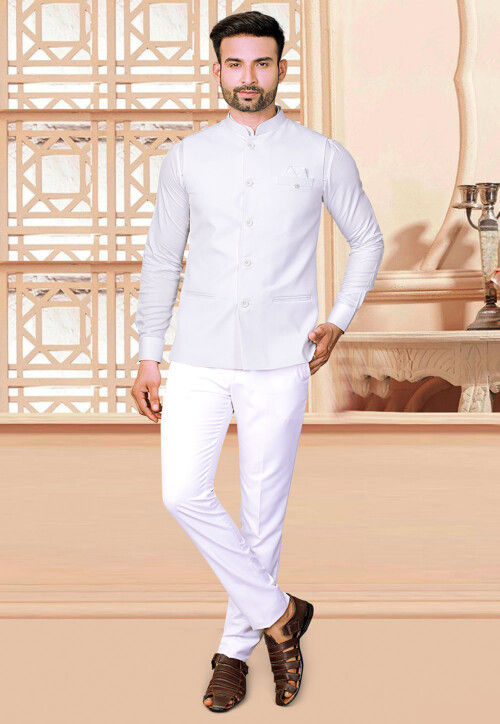 Woven Rayon Jacquard Bandhgala in Off White