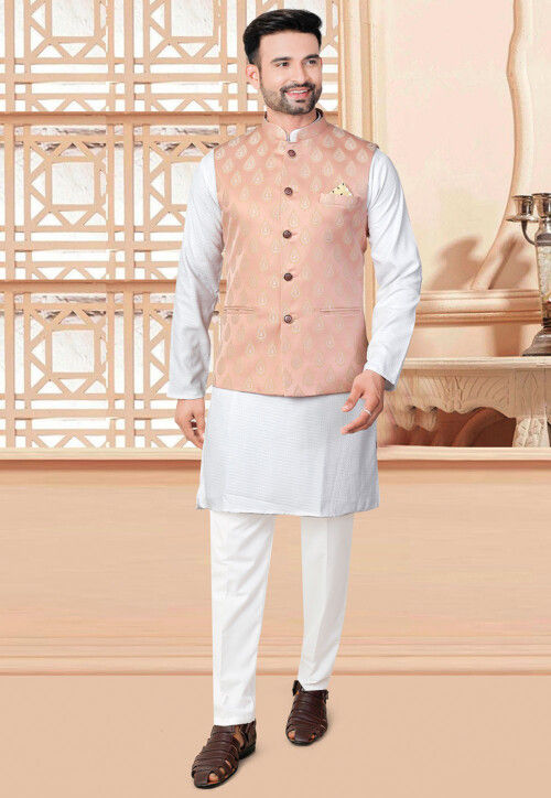 Woven Rayon Kurta Set in Off White and Peach