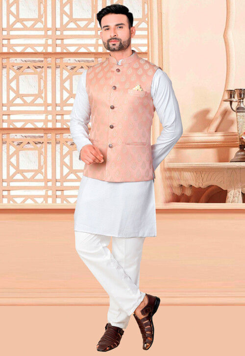 Woven Rayon Kurta Set in Off White and Peach