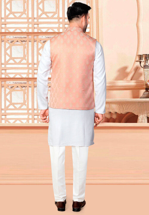 Woven Rayon Kurta Set in Off White and Peach