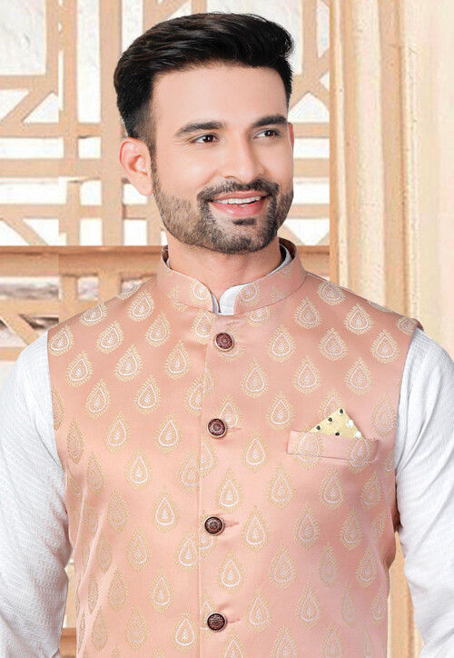 Woven Rayon Kurta Set in Off White and Peach