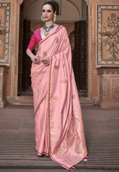 Woven Satin Saree in Pink