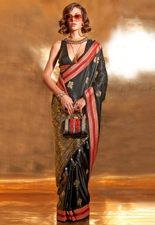 Woven Satin Silk Saree in Black