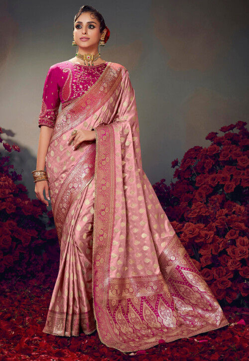 Woven Satin Silk Saree in Light Pink
