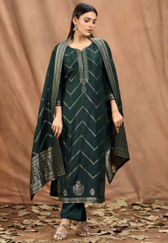 Woven Silk Pakistani Suit in Dark Green