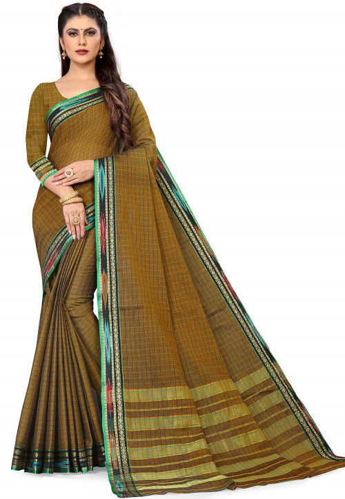 Woven South Cotton Saree in Dark Beige