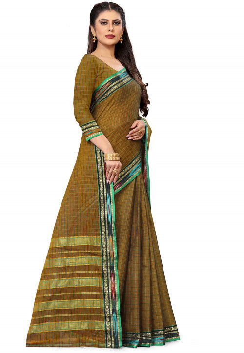 Woven South Cotton Saree in Dark Beige