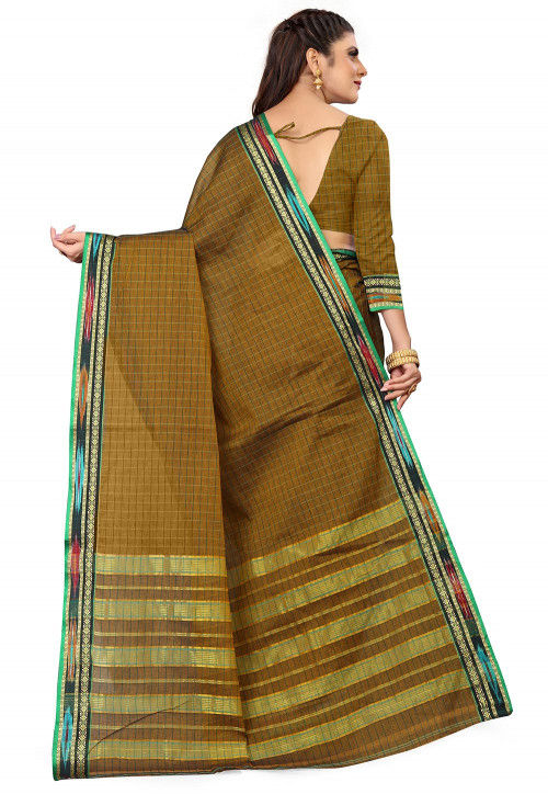 Woven South Cotton Saree in Dark Beige