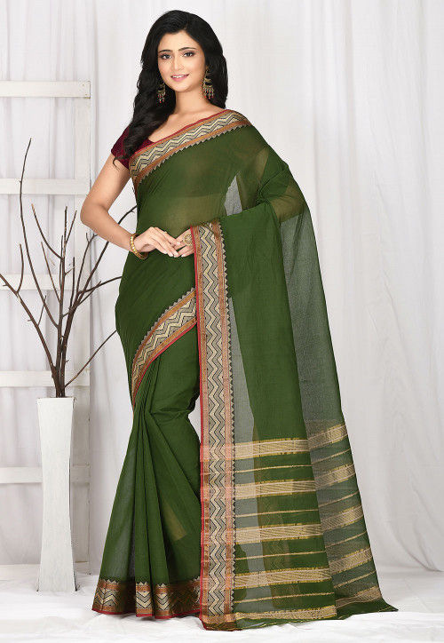 Green Handloom Cotton Saree - Dhunki fashion