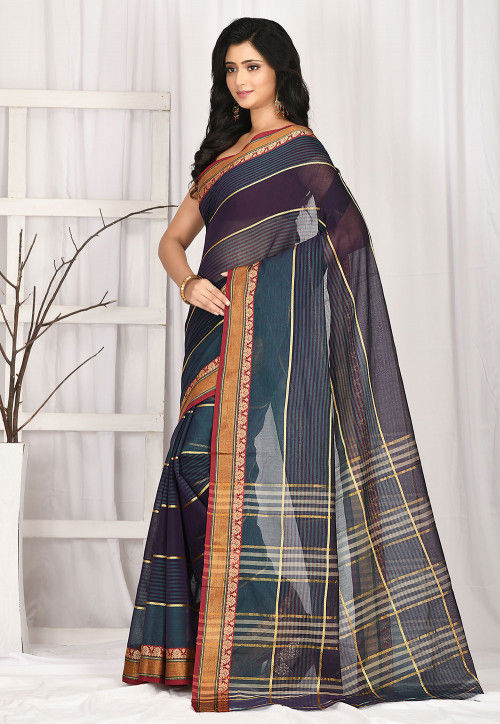 Woven South Cotton Saree in Teal Green and Navy Blue : SUTA166