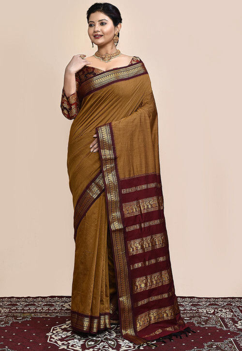 Woven South Cotton Silk Saree in Brown