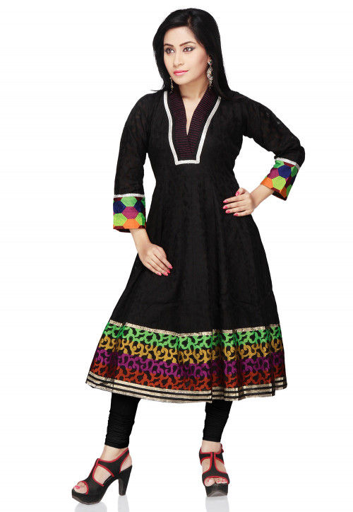 Woven Super Net Jacquard Anarkali Kurta in Black