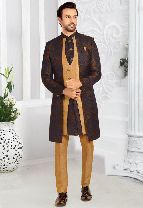 Woven Terry Rayon Asymmetric Sherwani in Golden