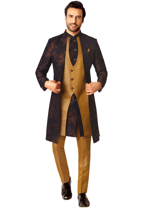 Woven Terry Rayon Asymmetric Sherwani in Golden