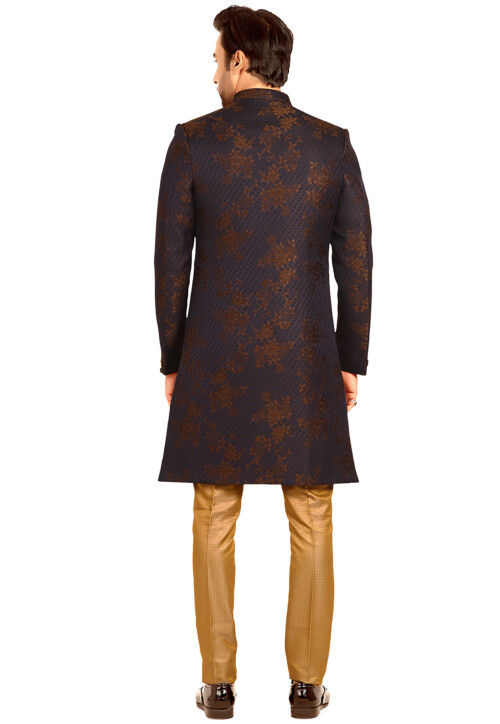 Woven Terry Rayon Asymmetric Sherwani in Golden