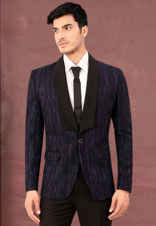 Woven Terry Rayon Jacquard Blazer in Navy Blue